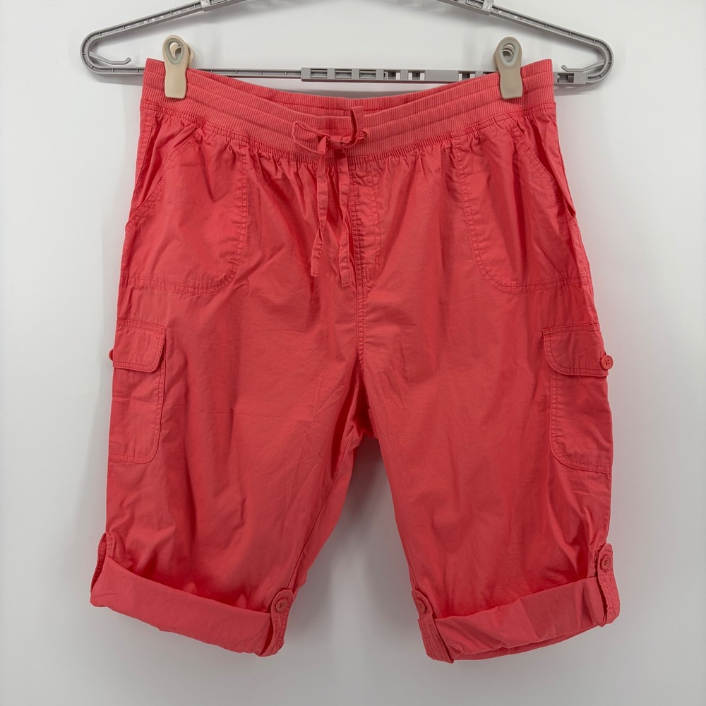 Woman Within Womens 24W Coral Pink Cargo Shorts Elastic Waist Cotton Cuffed Knee